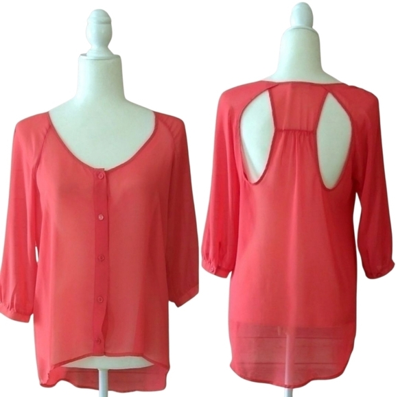Lush Tops - Lush top coral red sheer 3/4 sleeve cutout back detail buttoned women's size S